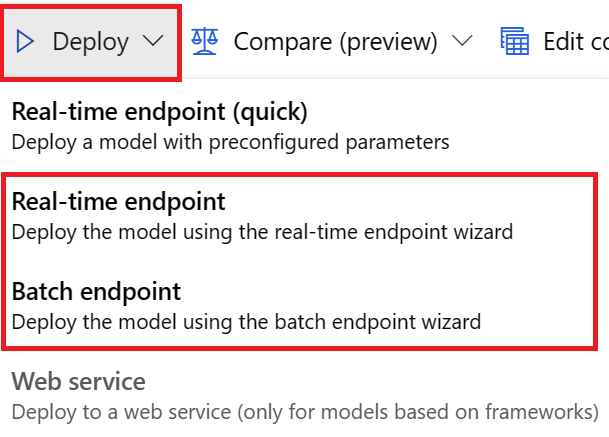 Captura de tela das opções de implantação para um modelo de previsão AutoML.