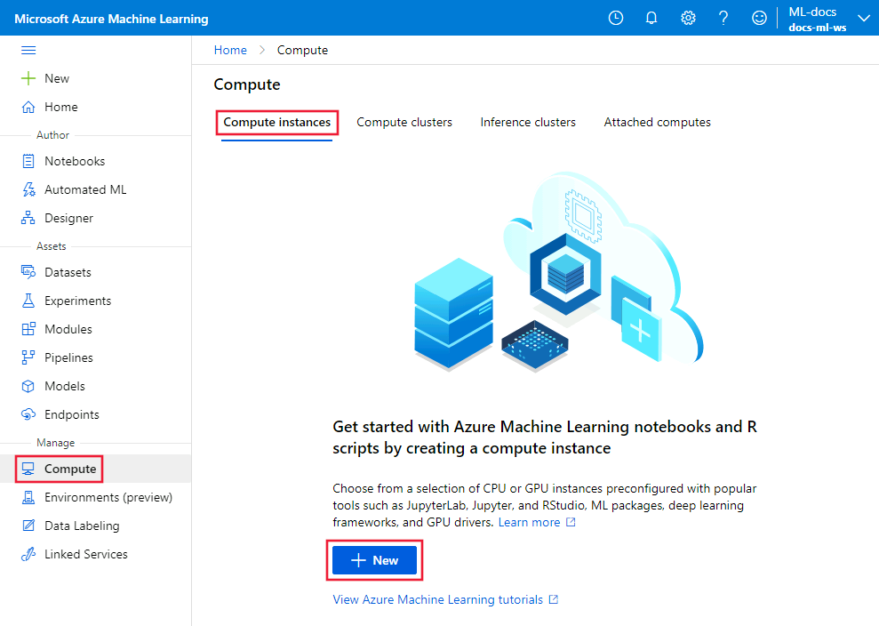 Captura de ecrã da página de instâncias de computação, com o botão 'novo' selecionado.