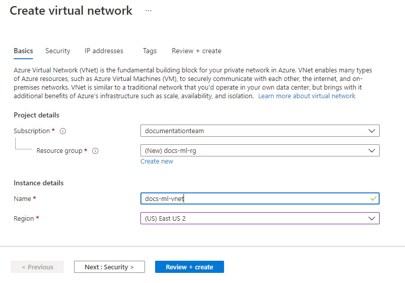 Captura de tela do formulário básico de configuração de rede virtual.