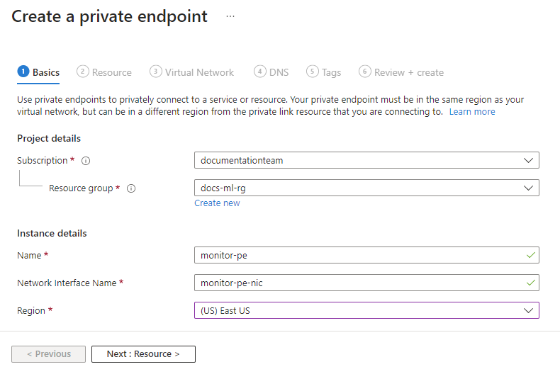 Captura de ecrã das noções básicas do ponto de extremidade privado do Azure Monitor.