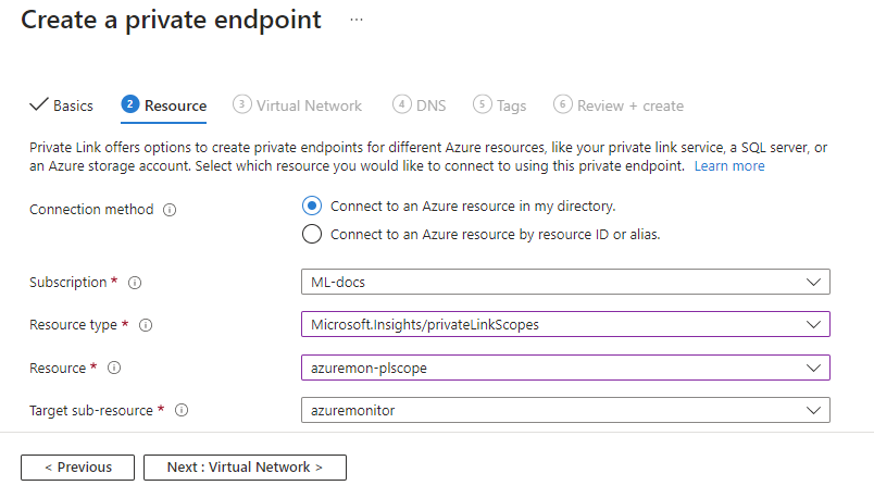 Captura de ecrã dos recursos de ponto de extremidade privados do Azure Monitor.