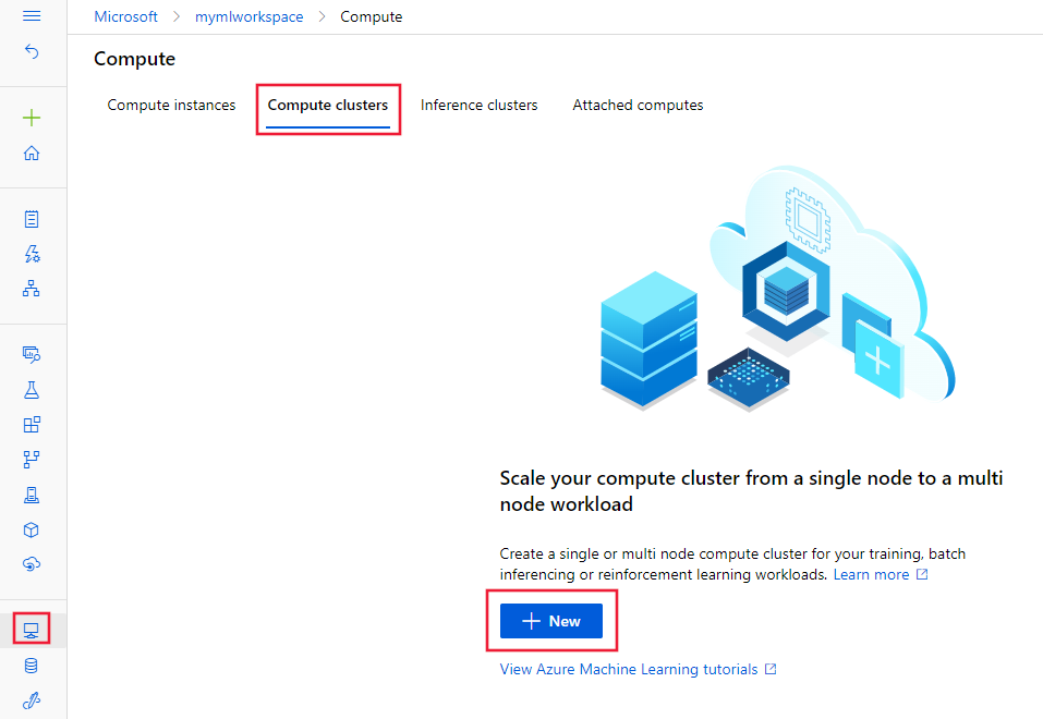 Captura de ecrã da página de clusters de computação, com o botão 'novo' selecionado.