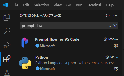 Captura de tela das extensões de fluxo Python e Prompt no Visual Studio Code.