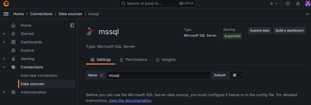 Captura de tela da página Adicionar fonte de dados no Grafana.