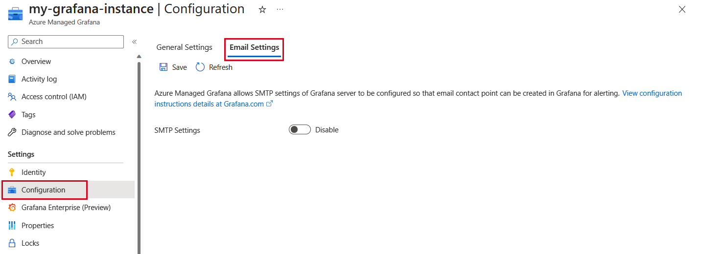 Captura de ecrã da plataforma Azure. Selecionando a guia Configurações de SMTP.