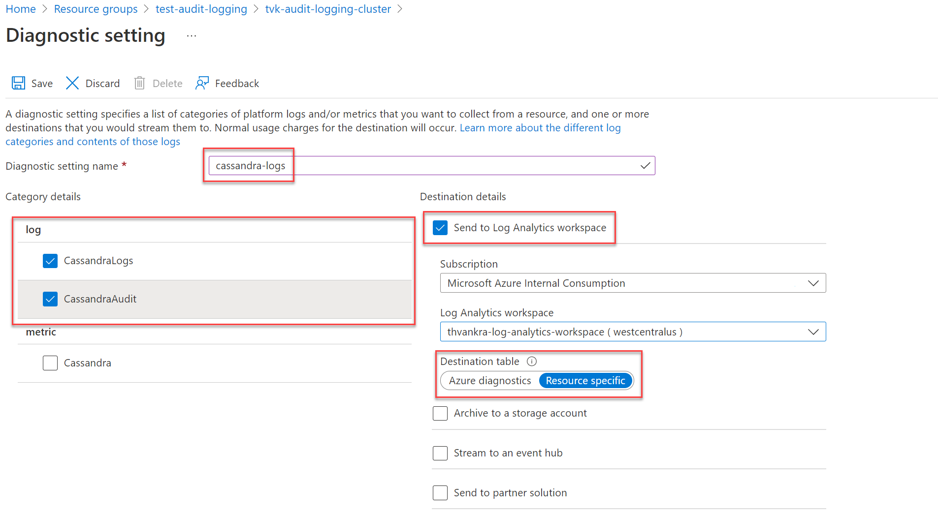 Captura de tela que mostra seleções para uma configuração de diagnóstico.