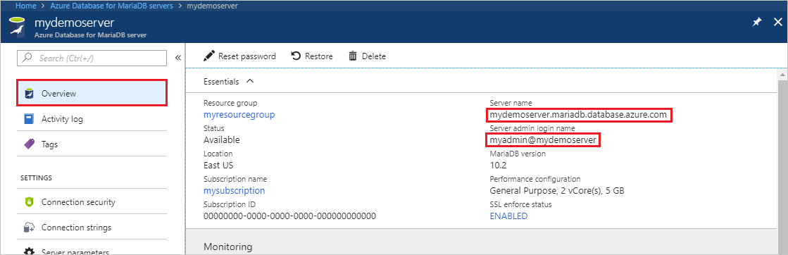 Nome do servidor e nome de início de sessão de administrador do servidor do Azure Database for MariaDB