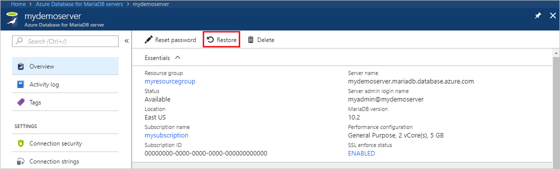 Banco de Dados do Azure para MariaDB - Visão geral - botão Restaurar