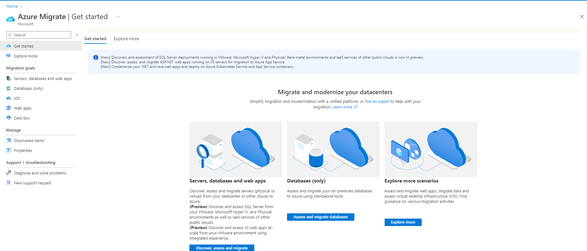 Localização do botão Avaliar e migrar servidores.