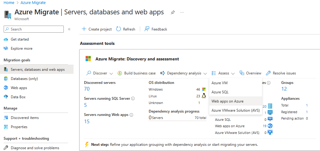 Captura de ecrã da página Descrição Geral do Azure Migrate.