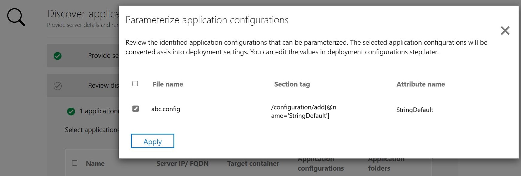 Captura de tela para parametrização da configuração do aplicativo ASP.NET aplicativo.