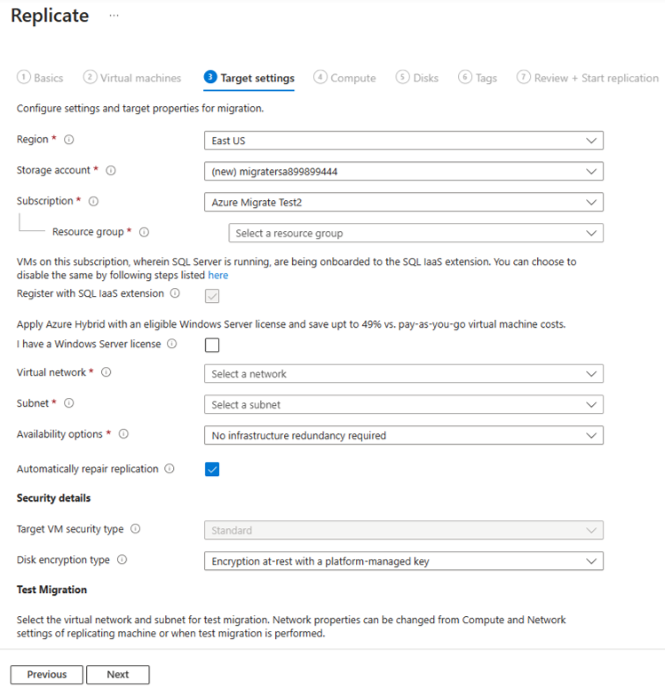 Captura de tela nas configurações de destino.