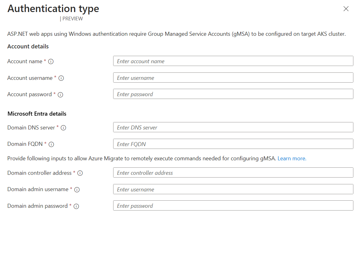 Captura de ecrã do separador de configuração gMSA.