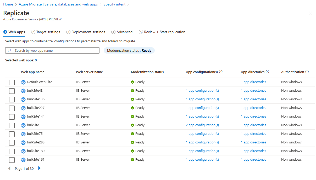 Captura de ecrã do separador Aplicações Web no separador Replicar.