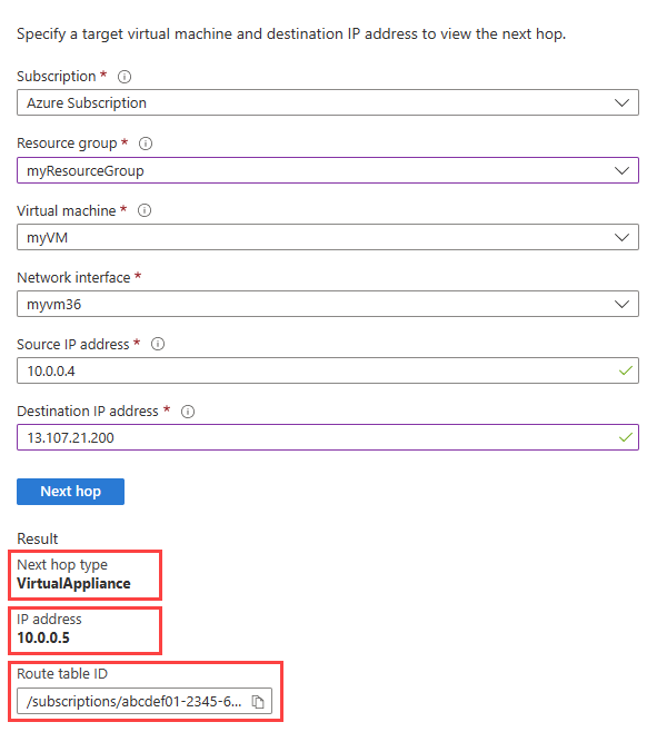 Captura de tela mostrando o dispositivo virtual como o próximo salto após a aplicação de uma rota personalizada.