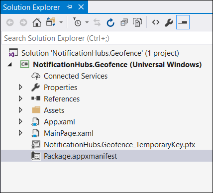 Captura de ecrã do Solution Explorer com o ficheiro Package.appxmanifest realçado.