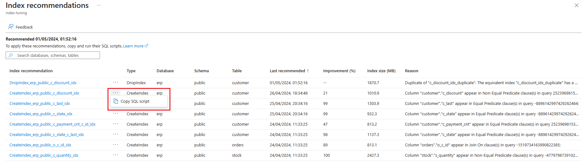 Captura de tela que mostra como copiar a instrução SQL da página 'Recomendações de índice'.