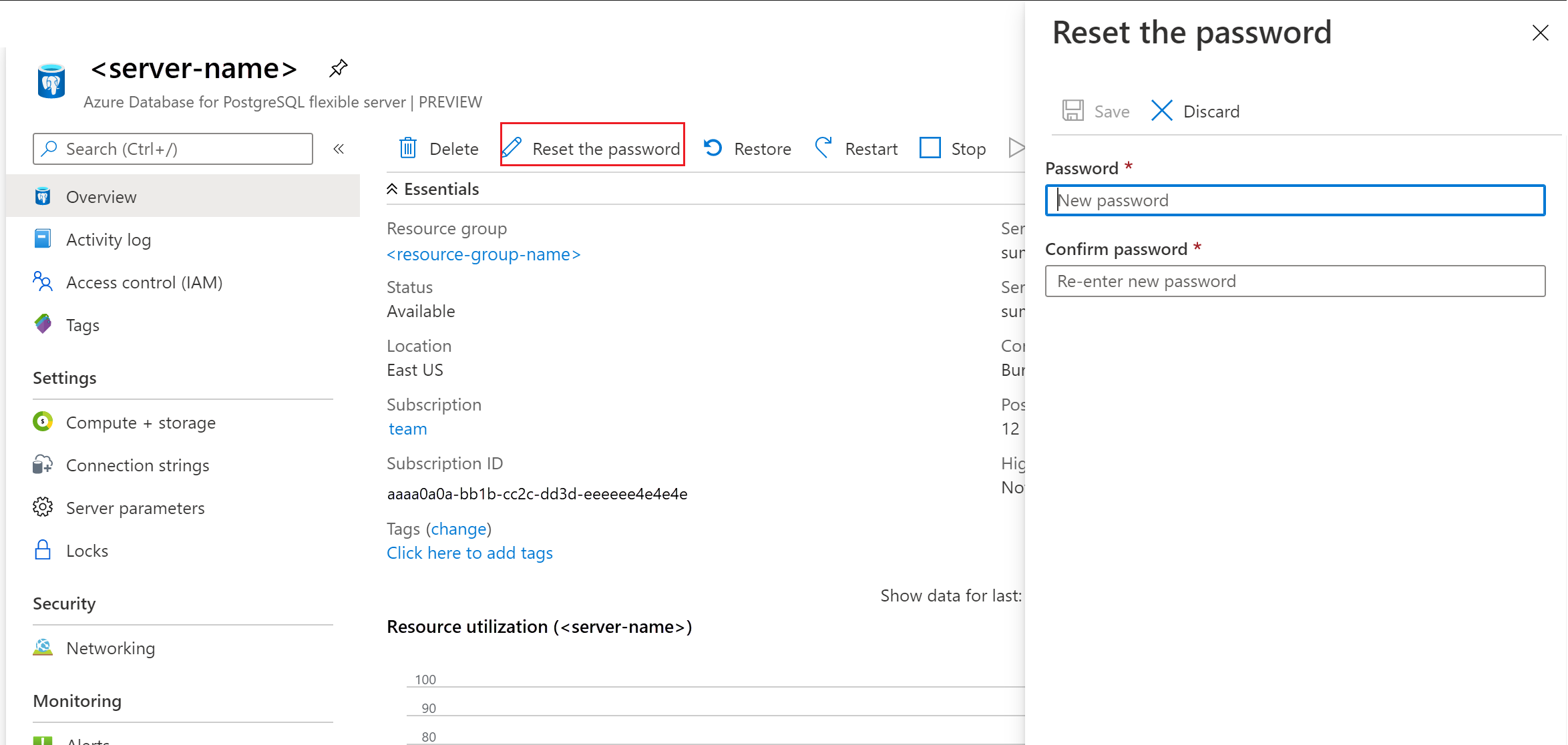 Redefina sua senha para o Banco de Dados do Azure para o servidor flexível PostgreSQL.