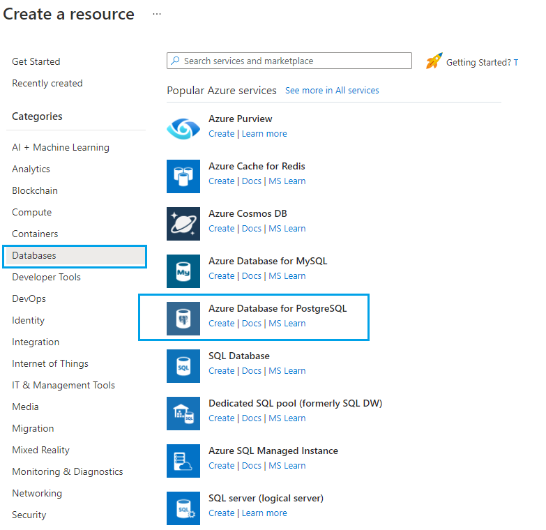 O Banco de Dados do Azure para PostgreSQL no menu.