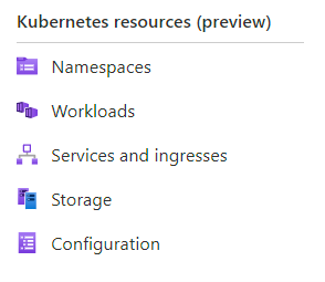 Captura de tela do menu de recursos do Kubernetes (visualização), mostrando namespaces, cargas de trabalho, serviços e entradas, opções de armazenamento e configuração.