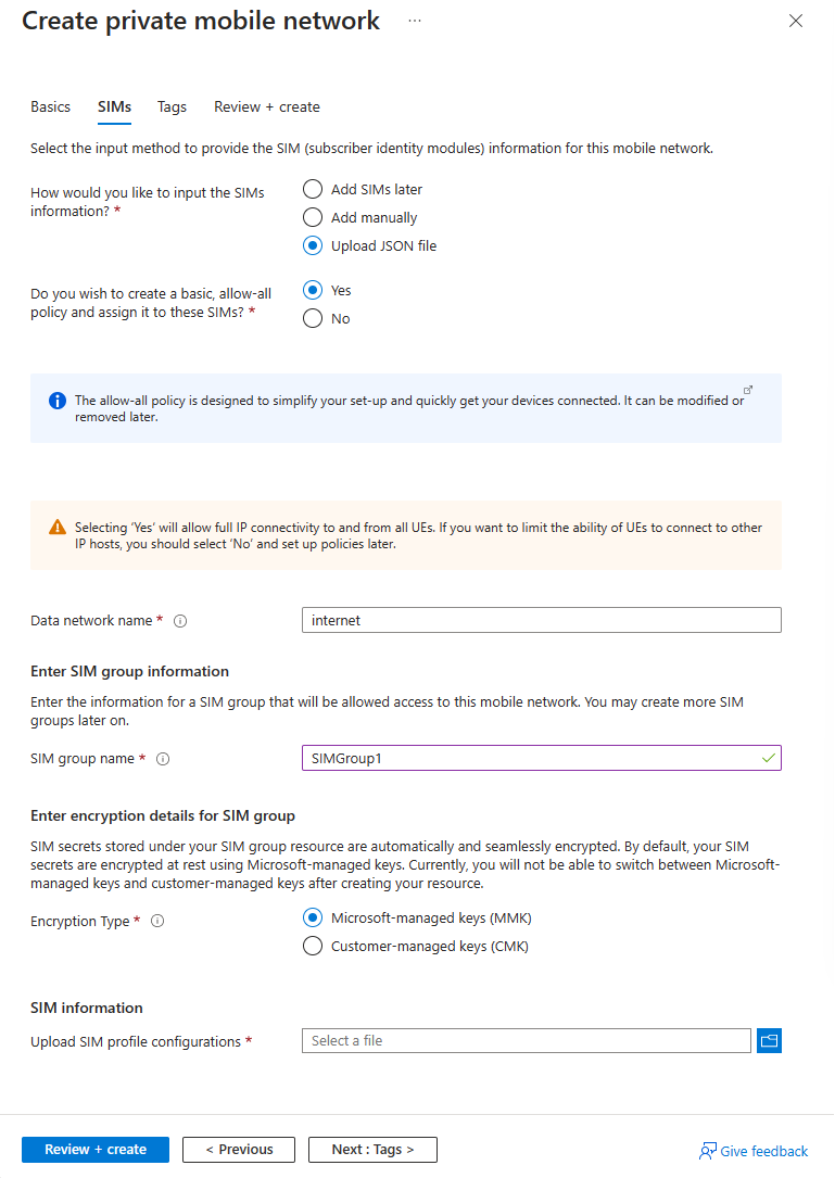 Captura de tela do portal do Azure mostrando a guia de configuração de SIMs.