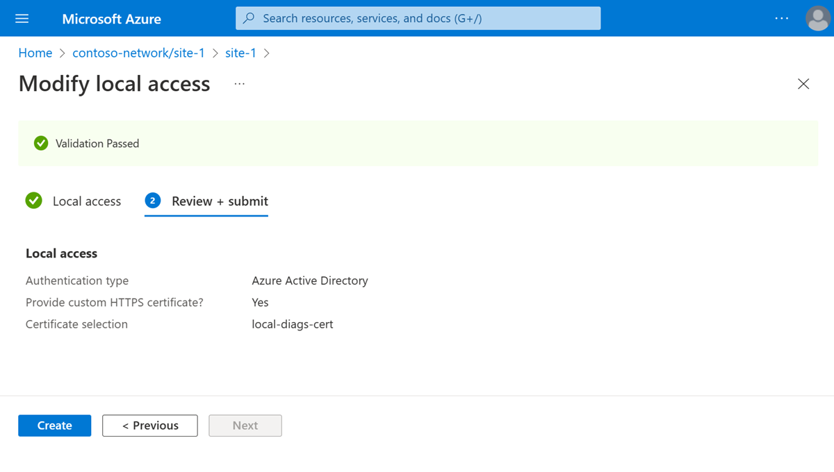 Captura de ecrã do portal do Azure a mostrar a validação bem-sucedida de uma alteração de configuração de acesso local.