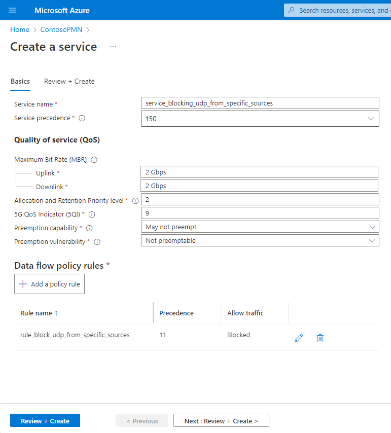 Captura de ecrã do portal do Azure. Mostra os campos concluídos de um serviço para bloquear o UDP de origens específicas, incluindo regras de política de fluxo de dados.