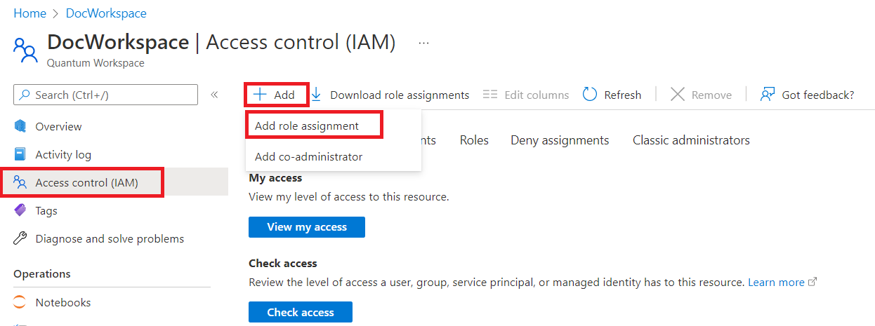 Captura de tela mostrando como adicionar uma nova atribuição de função ao seu espaço de trabalho do Azure Quantum.