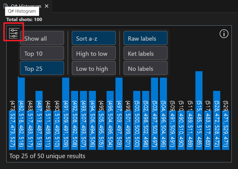 Captura de tela da janela de Q# histograma no Visual Studio Code mostrando como exibir configurações.