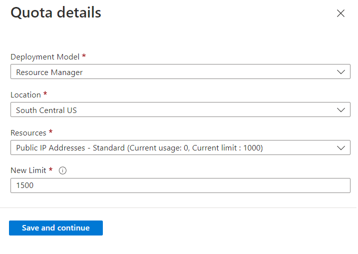 Captura de ecrã do painel Detalhes da quota para um pedido de aumento de quota de rede.