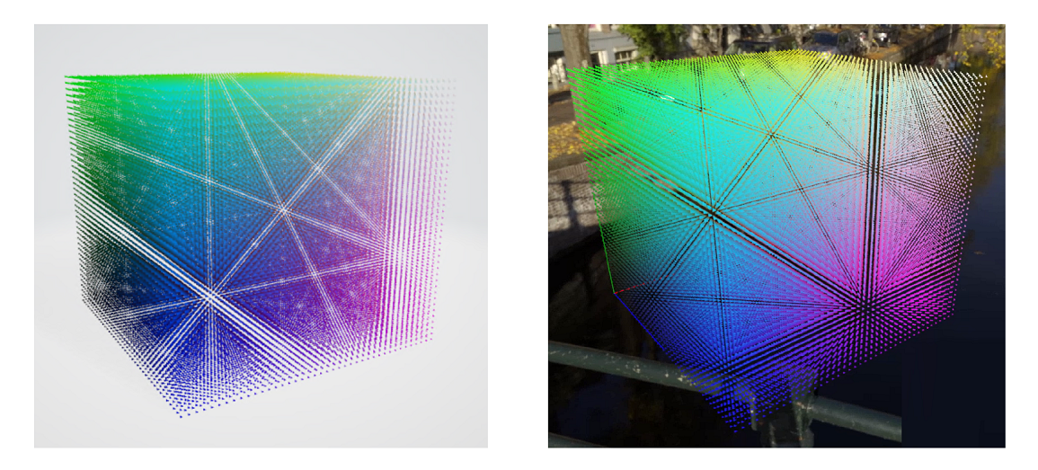 Captura de tela que mostra dois cubos de 68.921 triângulos coloridos e o efeito da desduplicação.