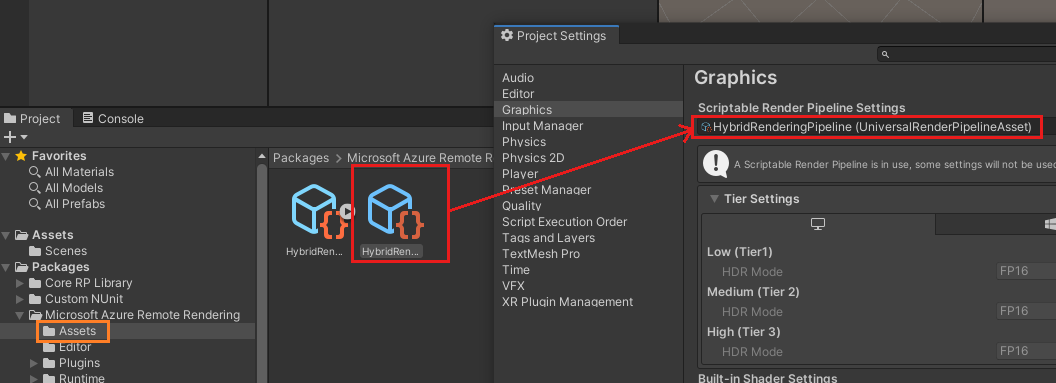 Captura de tela do navegador de ativos Unity e da caixa de diálogo Configurações do projeto. O ativo HybridRenderingPipeline é realçado no navegador de ativos. Uma seta aponta do ativo para o campo UniversalRenderPipelineAsset nas configurações do projeto.