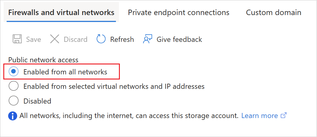 Captura de ecrã das definições do portal do Azure para o nível de acesso à rede pública no armazenamento de blobs.