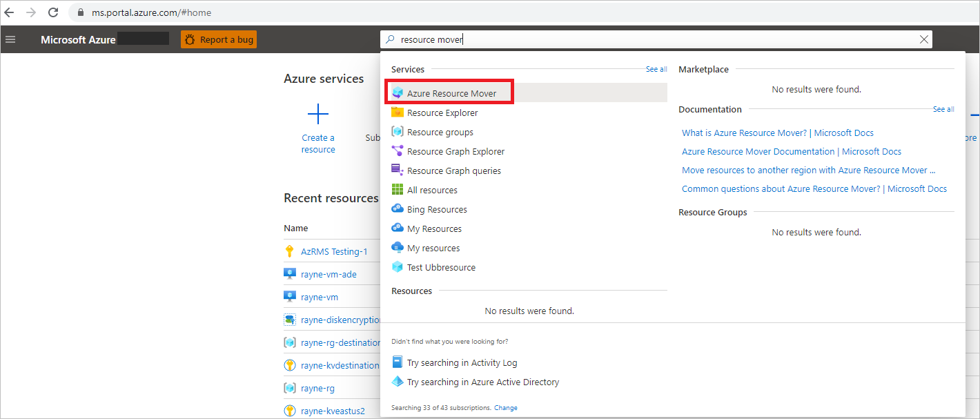 Captura de ecrã dos resultados da pesquisa para o Azure Resource Mover no portal do Azure.