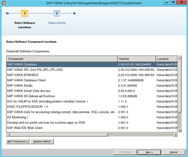 Captura de ecrã do ecrã Gestão do Ciclo de Vida do SAP HANA, com a Base de Dados SAP HANA selecionada.