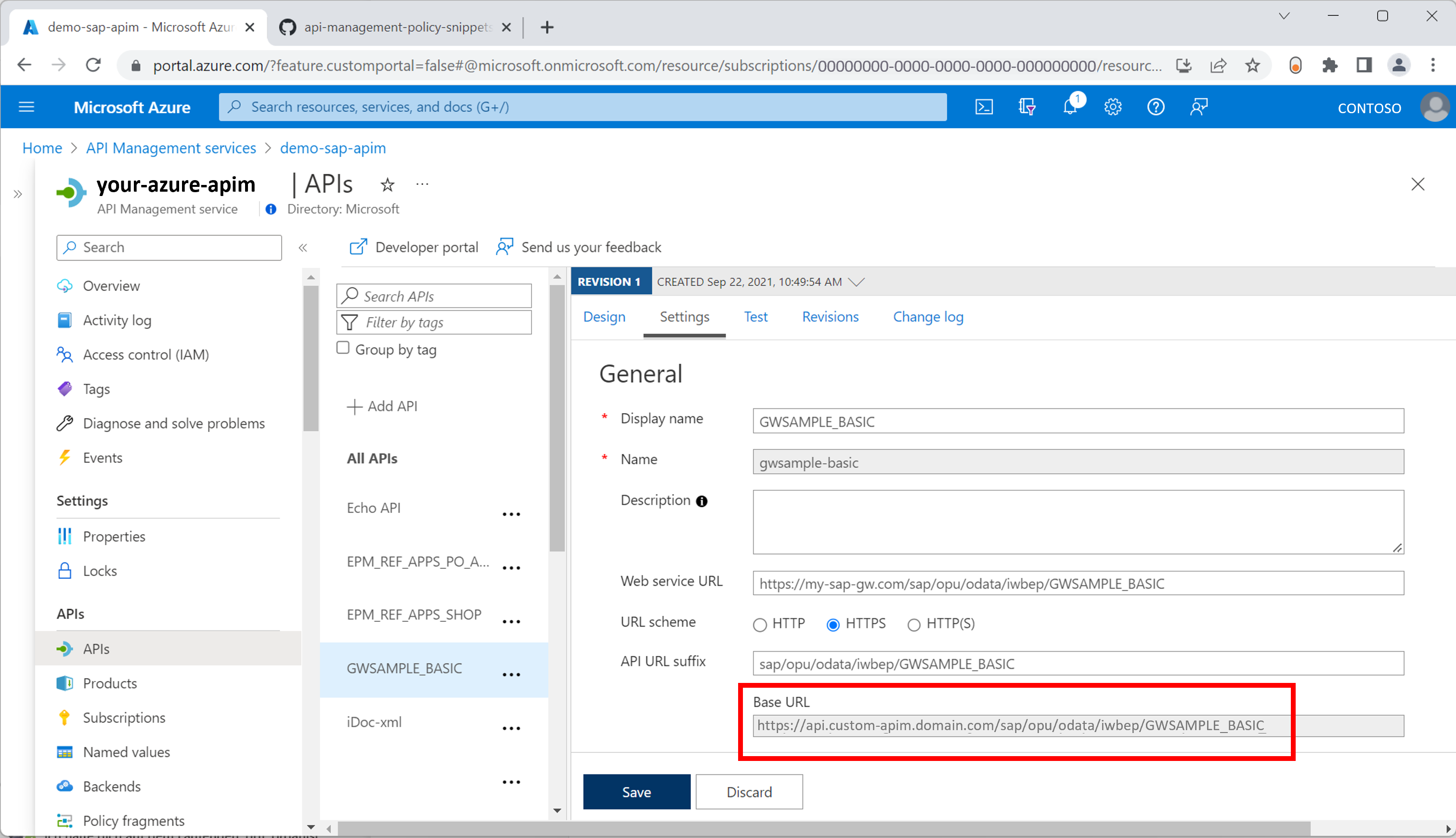 Captura de tela que mostra como descobrir a URL OData no Gerenciamento de API do Azure.