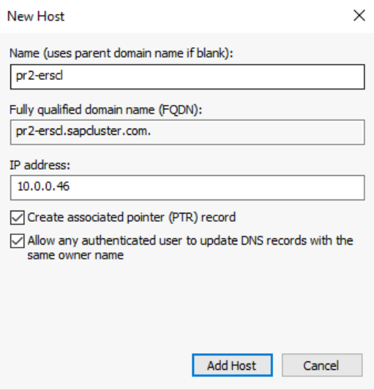 Captura de tela que mostra opções para definir uma entrada DNS para o nome virtual e o endereço IP do cluster SAP ERS2.