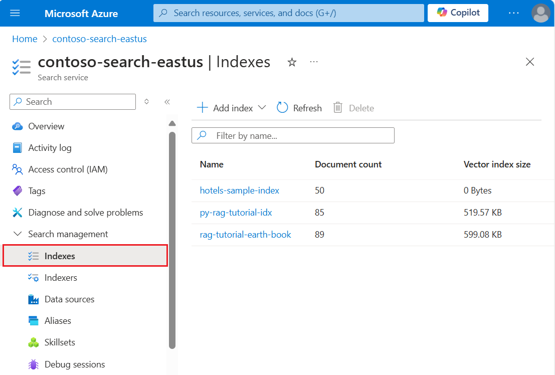 Captura de ecrã do portal do Azure, Descrição Geral do serviço de pesquisa, separador Índices.