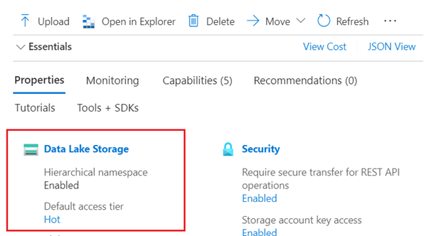 Captura de tela da página de propriedades da conta de armazenamento mostrando o Armazenamento Data Lake.