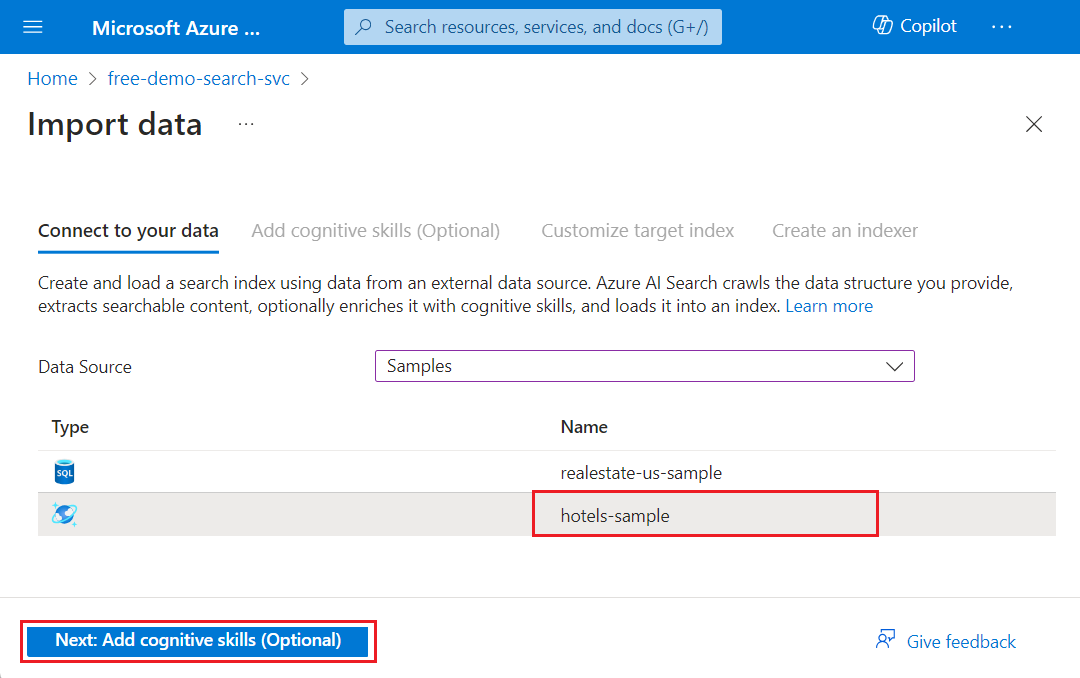 Captura de tela que mostra como selecionar a fonte de dados de exemplo de hotéis no assistente Importar dados.