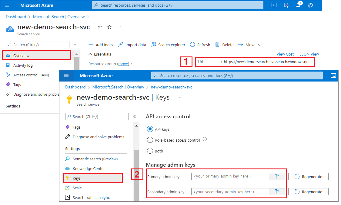 Captura de ecrã do URL e das chaves de API no portal do Azure.