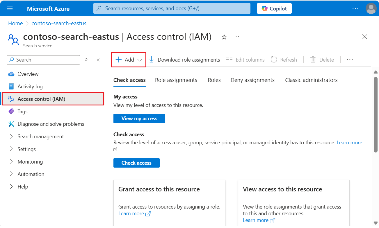 Captura de ecrã da página de controlo de acesso no portal do Azure.