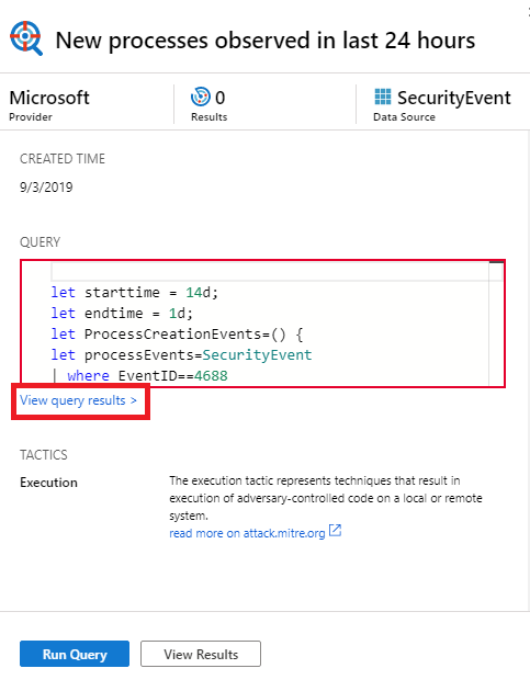 Captura de ecrã a mostrar os resultados da consulta da caça ao Microsoft Sentinel.