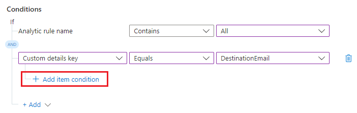 Captura de tela mostrando a seleção de adicionar condição de item para regras de automação.