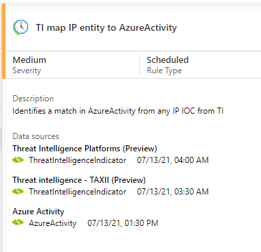 Captura de tela que mostra as fontes de dados necessárias para a entidade IP do mapa TI para a regra de análise do AzureActivity.