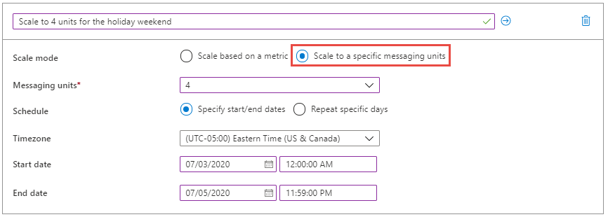 Dimensionar para unidades de mensagens específicas - datas de início e término