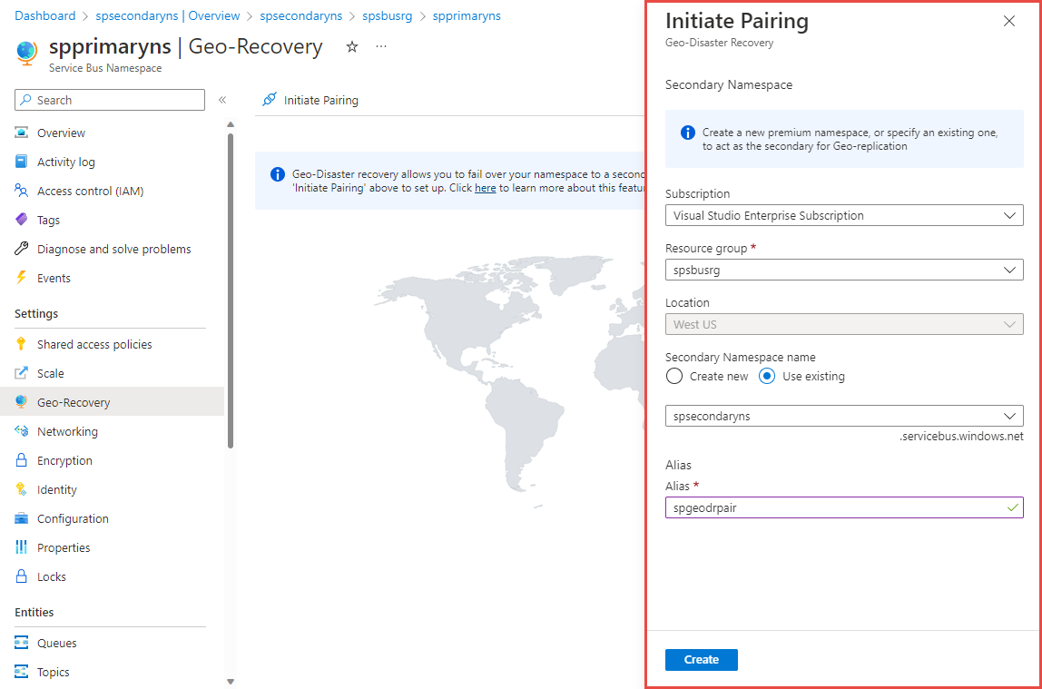 Captura de ecrã a mostrar a página Iniciar Emparelhamento no portal do Azure.