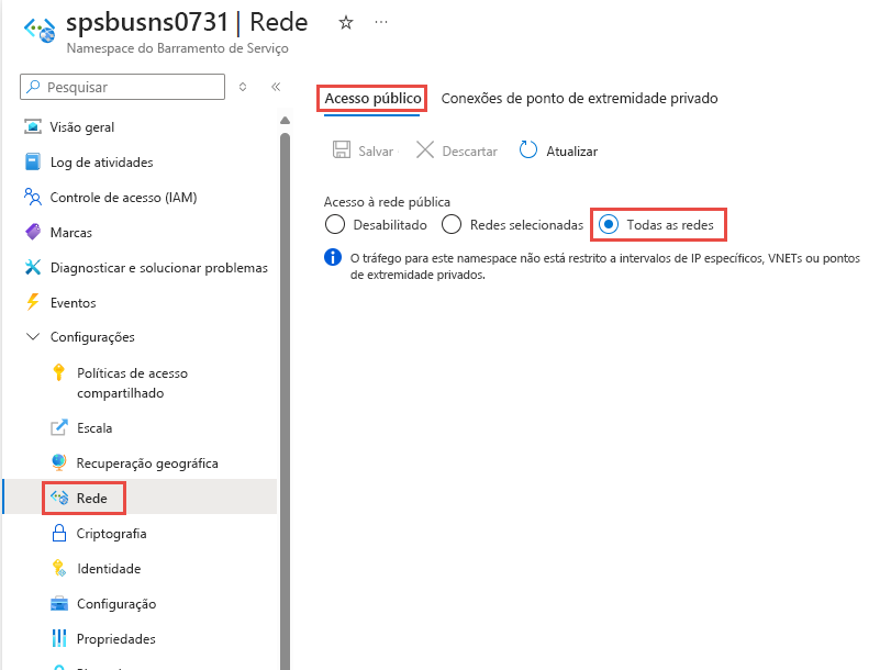 Captura de ecrã da página Rede do portal do Azure. A opção para permitir o acesso de Todas as redes está selecionada na guia Firewalls e redes virtuais.