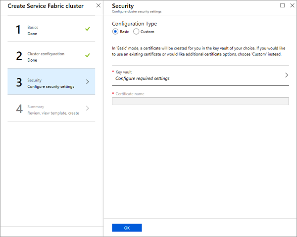 Captura de ecrã das configurações de segurança no portal do Azure.