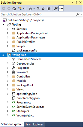 Captura de tela que mostra o Gerenciador de Soluções depois que o aplicativo é criado usando o ASP.NET serviço de API Web principal.